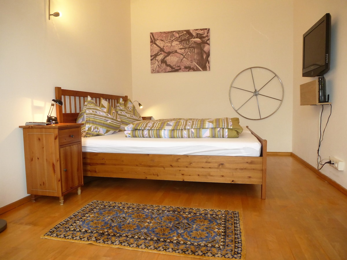 A wooden bed with patterned bedding is positioned against a light-colored wall. A bedside table with a lamp offers a soft glow. A flat-screen TV is mounted on the wall, while a decorative wheel and artwork add character to the space. A patterned rug enhances the floor.