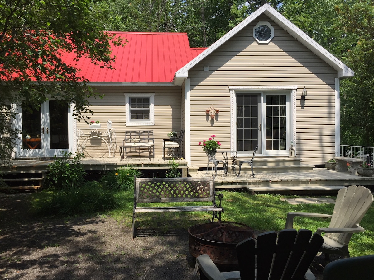The cottage exterior showcases a charming blend of beige siding and a red roof. A spacious deck leads to a landscaped yard, featuring various seating areas. Flower pots add color, while a firepit invites gathering under the surrounding trees.