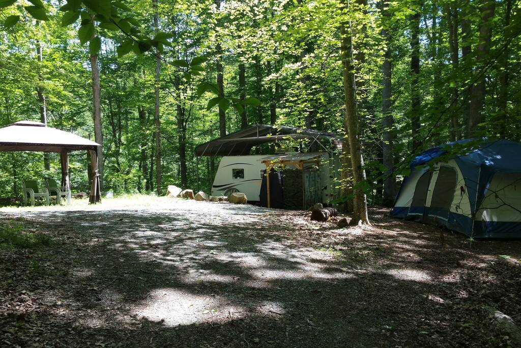 Base camp with Gazebo and Trailer. Rent the whole thing for your group to camp and cook