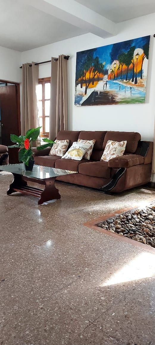 A cozy living area is featured, containing a brown sofa adorned with decorative pillows. A glass coffee table sits in front, complemented by a potted plant. Natural light streams in through the window, while a vibrant painting depicting a palm tree landscape adorns the wall.