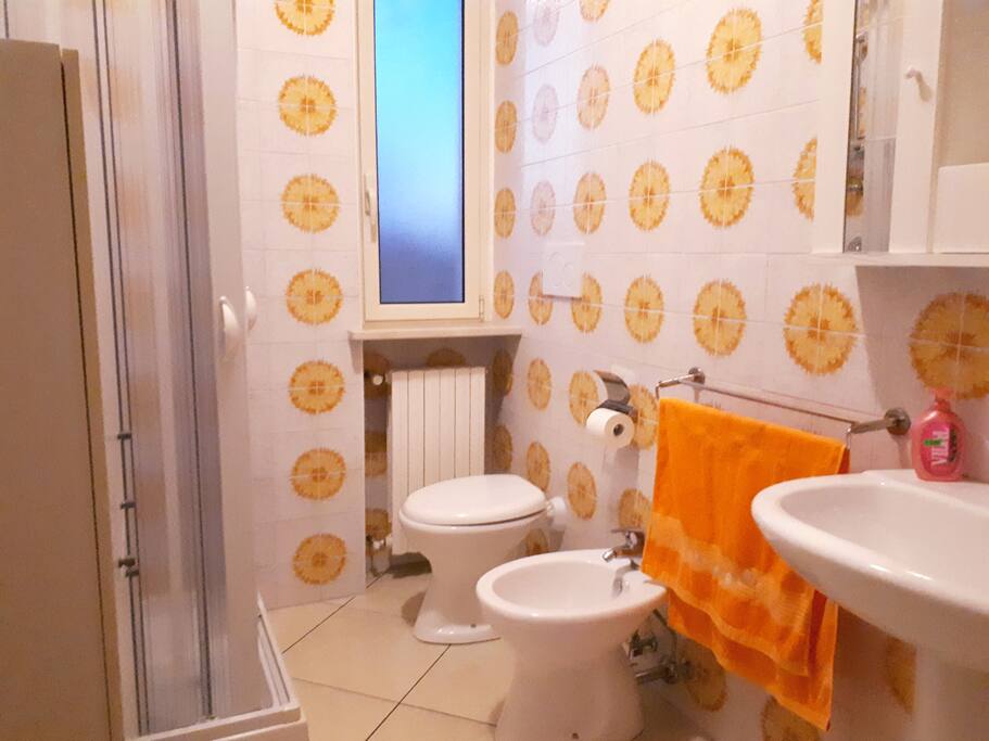 Bagno con doccia e lavatrice