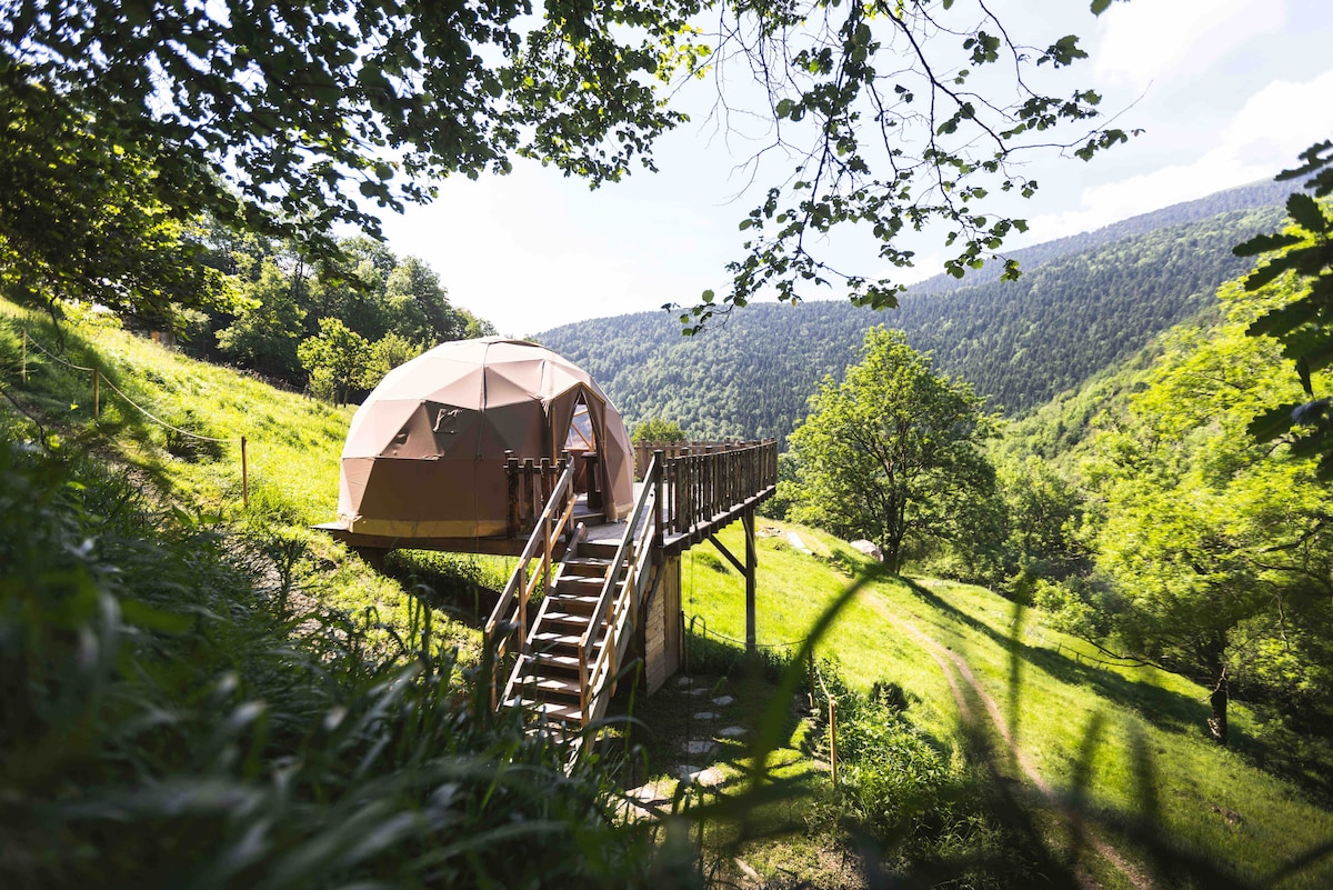A dome structure is elevated on a wooden platform, surrounded by lush greenery and trees. A staircase leads to the entrance, offering a view of the rolling hills in the background under a clear blue sky.