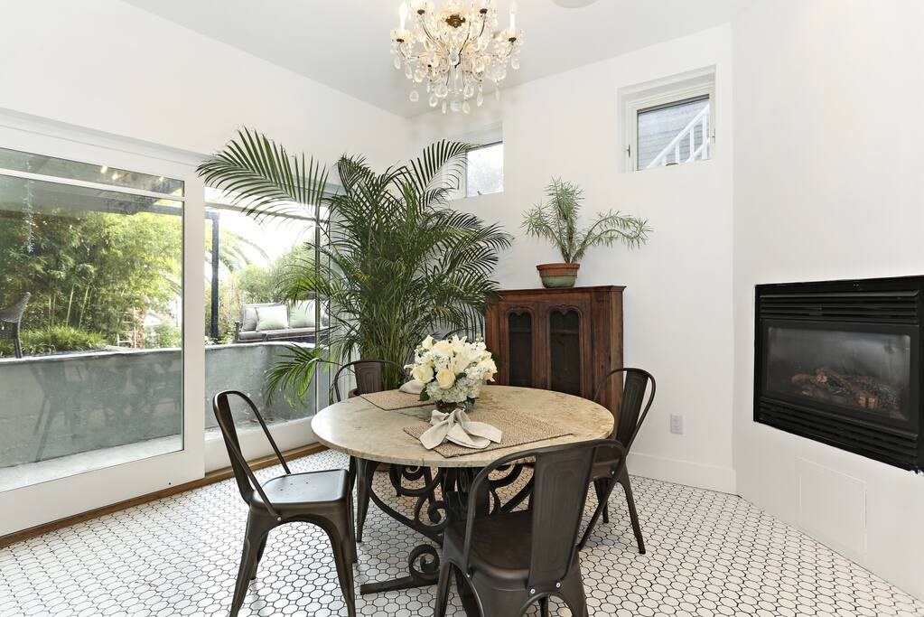 antique dining area, working gas fireplace, wine fridge, direct access to patio