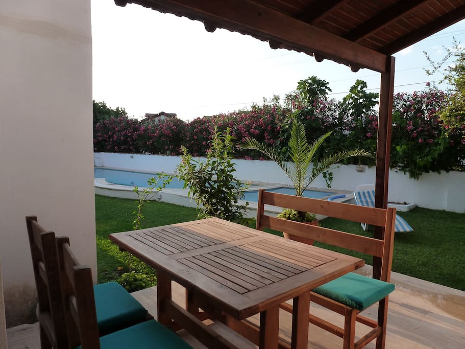 Terrace overlooking pool and garden