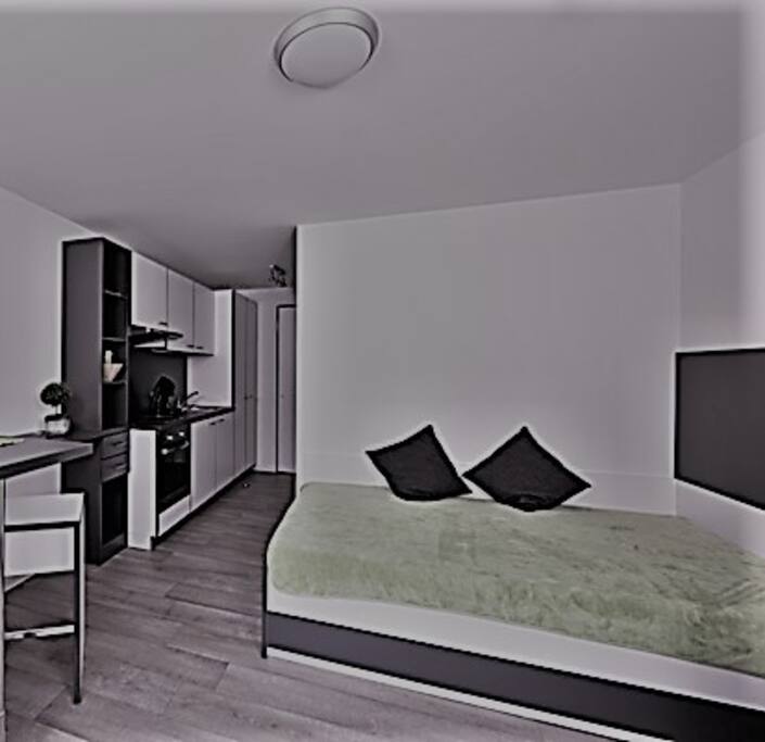 bedroom and kitchen