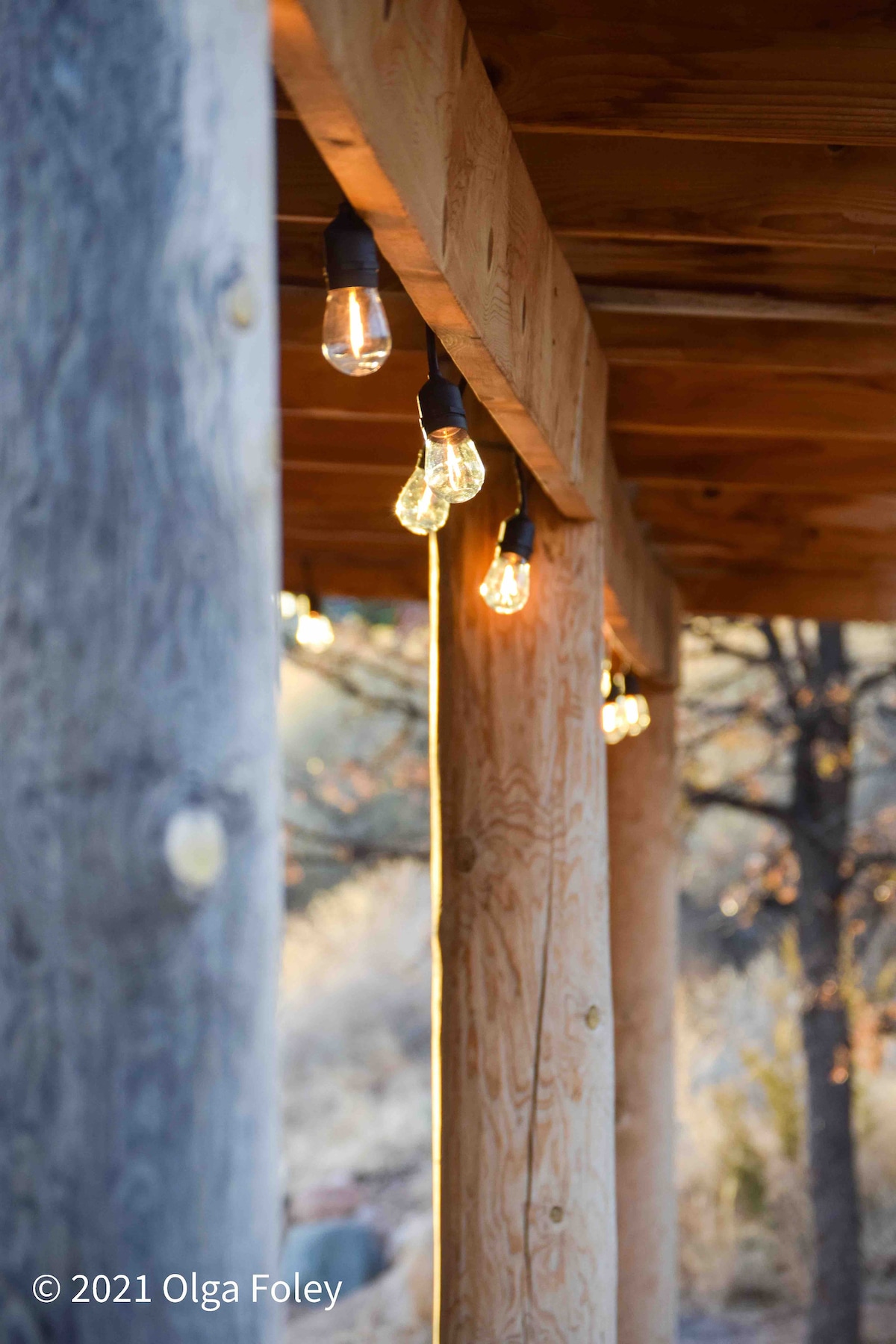 String lights are suspended above wooden beams on a porch, casting a warm glow in the soft, natural light. The beams, made of rough-hewn wood, create a rustic charm that blends with the surrounding nature.