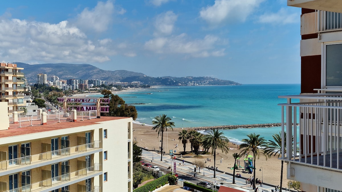 A panoramic view of the azure sea stretches towards the horizon, framed by palm trees along the sandy beach. Coastal buildings are visible in the distance against a backdrop of rolling mountains under a partially cloudy sky.
