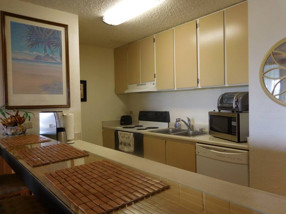 The fully equipped kitchen includes a full size refrigerator and a diswaher.