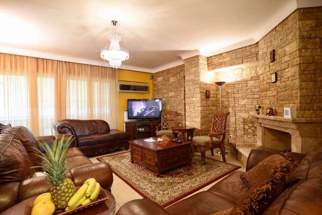 Large living room with leather comfortable sofas