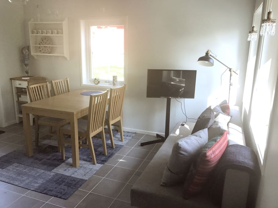 Combined lounge, kitchen/dining and living area with sofa bed and TV