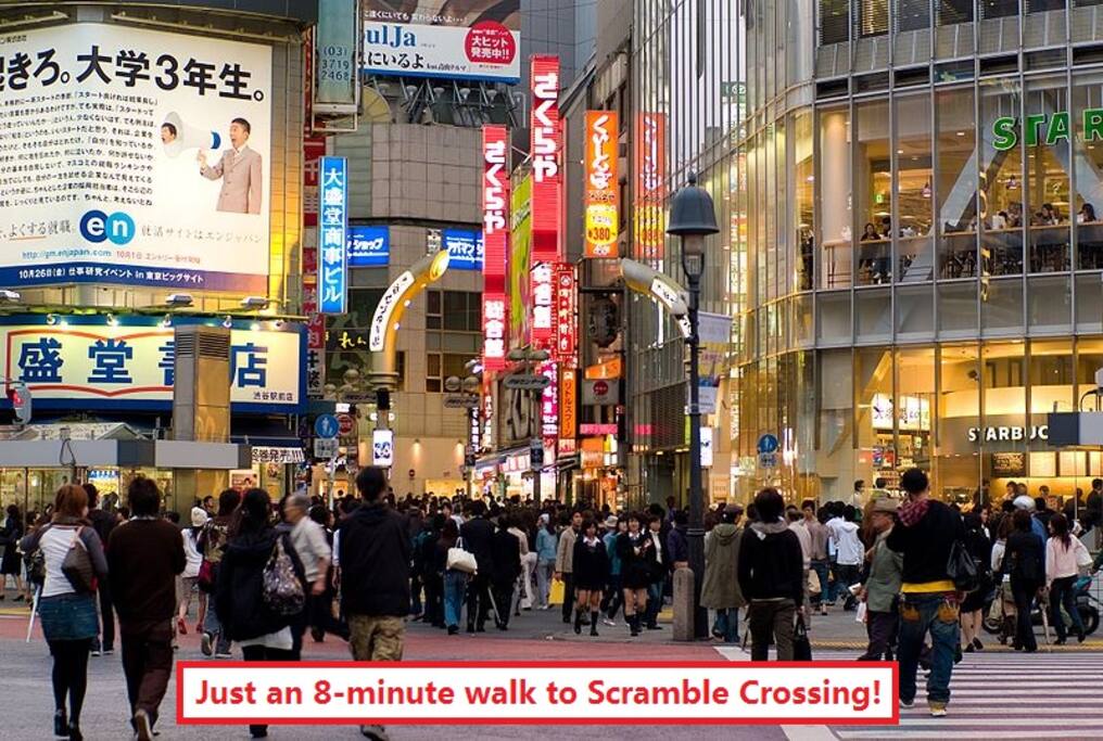 Just a 3-minute walk to Senta-Gai (aka Basketball Street) and an 8-minute walk to Scramble Crossing!