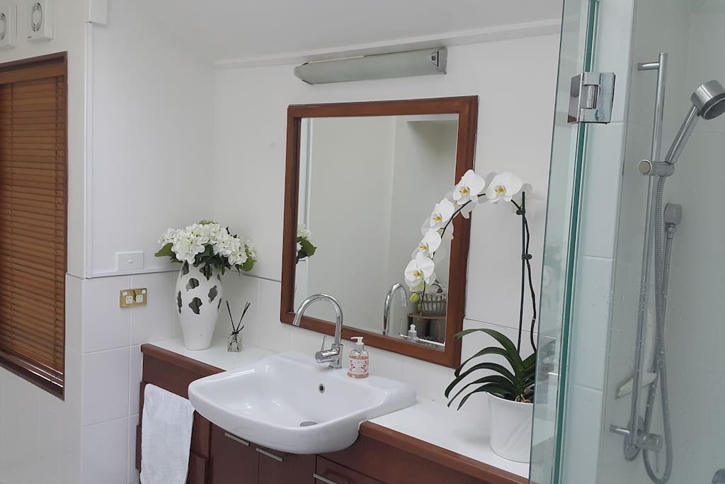 Our clean and beautiful bathroom with tiled spacious shower and a toilet