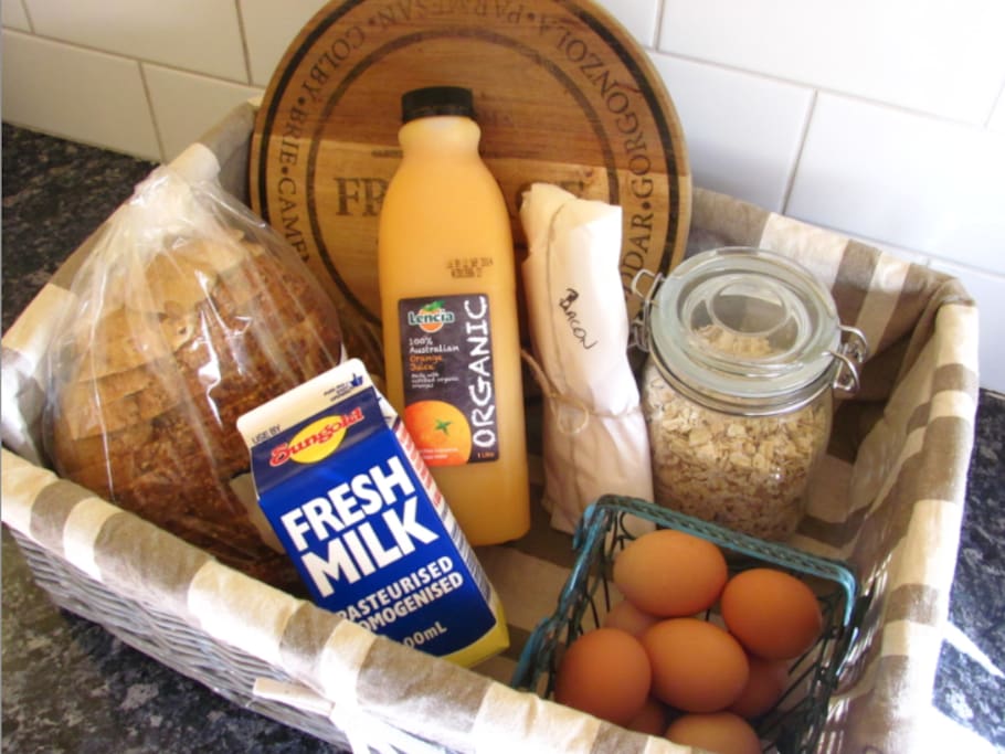 Breakfast supplies are provided - including local muesli and bread, eggs, milk, juice and bacon.
