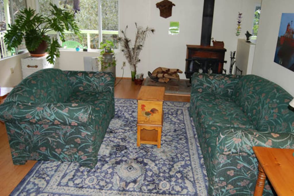 The cozy woodstove is so efficient and large, it only needs feeding a few times a day