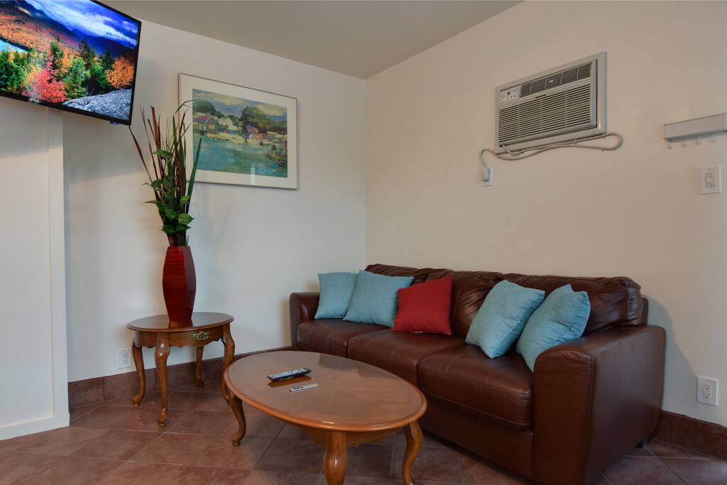Living Room with AC, Heater, 43-inch TV, Apple TV, and Cable TV. The sofa folds out into a queen-sized bed for 2 additional guests.