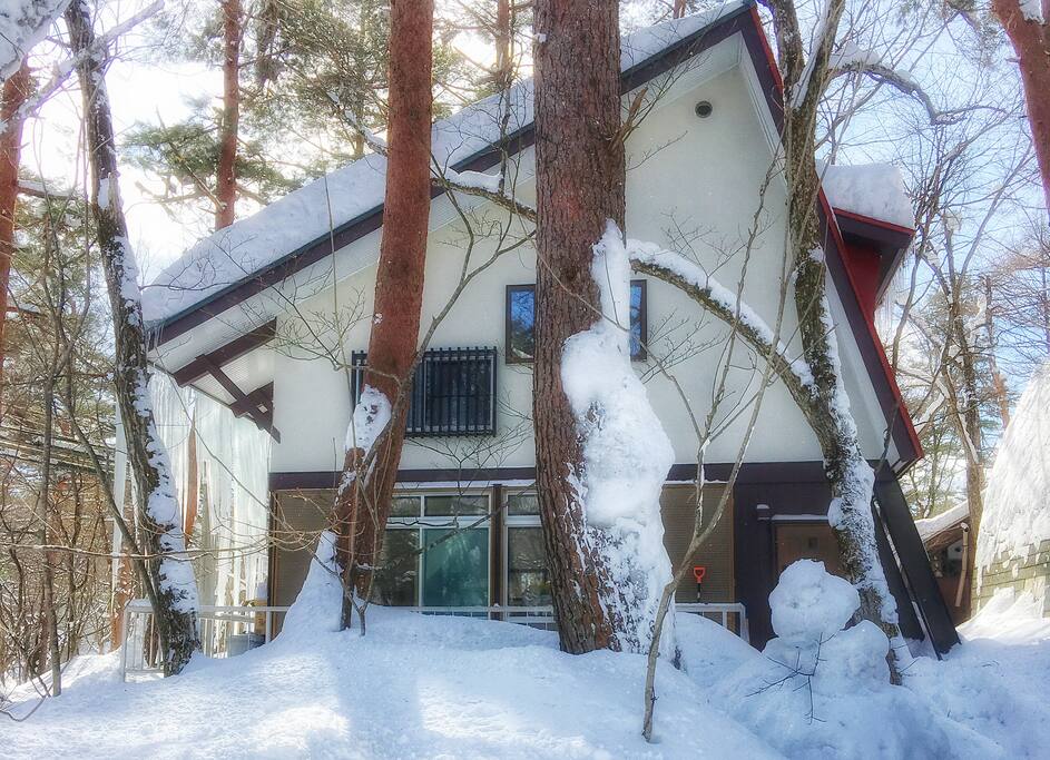 Blue skies and white snow over Owl Cottage