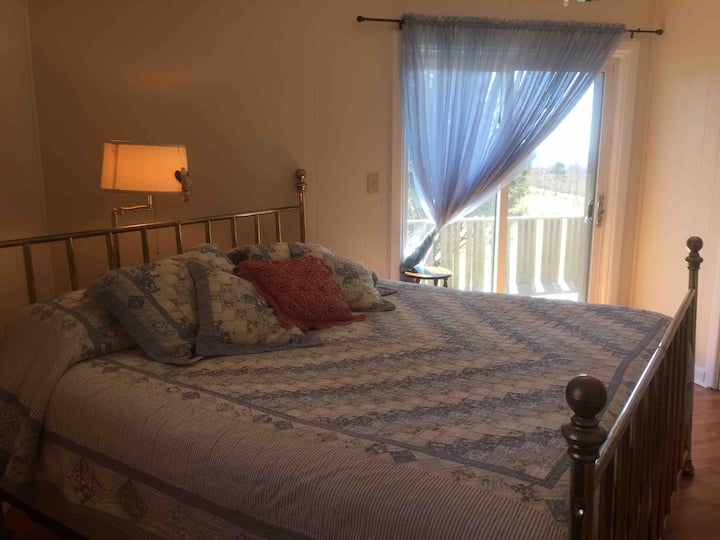 Chambre avec lit King Size et porte coulissante sur la terrasse arrière.