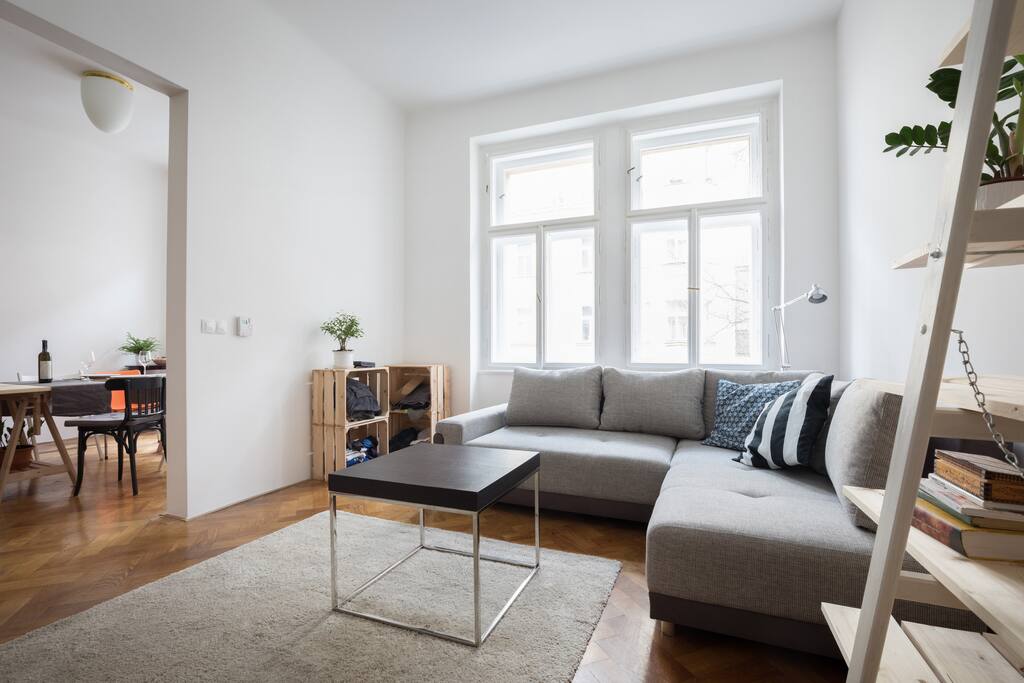 Living room, great wooden floor in whole apartment!