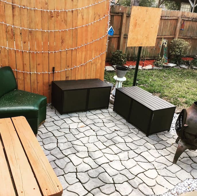 Patio with fire-pit and darts