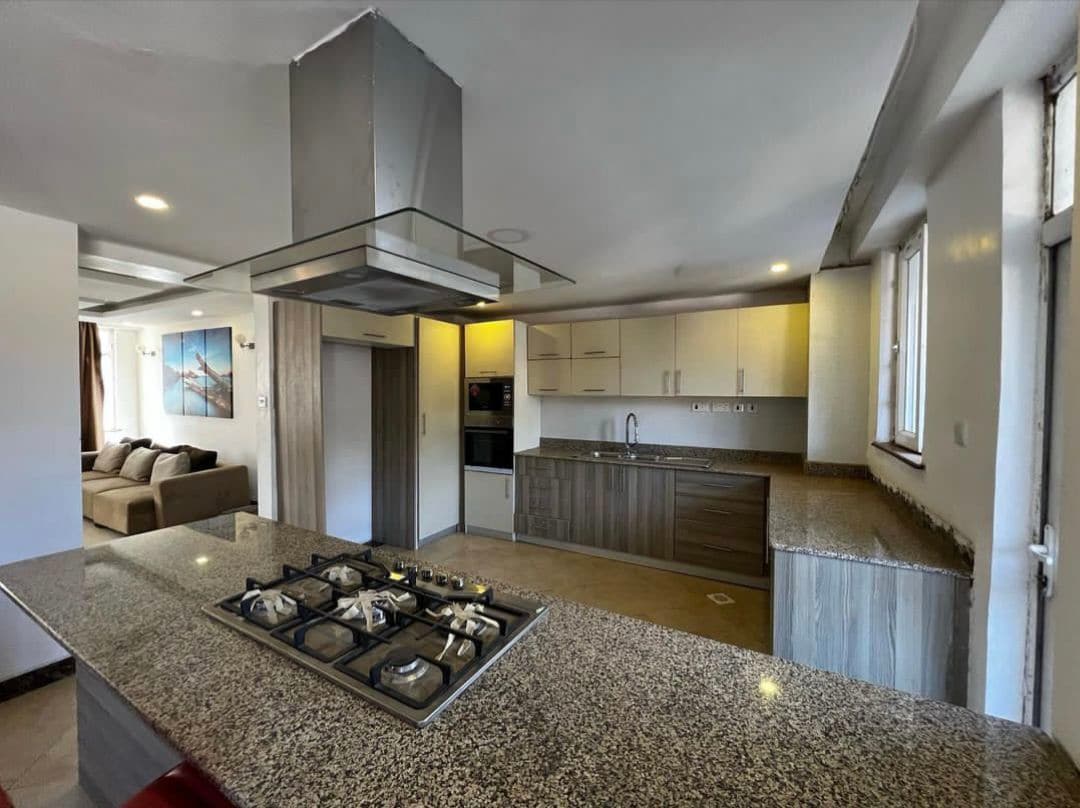 A modern kitchen is equipped with sleek cabinetry and a large island featuring a gas cooktop. Natural light filters in through multiple windows, illuminating the open space, which includes a cozy living area in the background with a comfortable sofa.