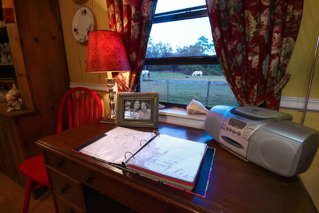 Desk overlooking the horse pasture