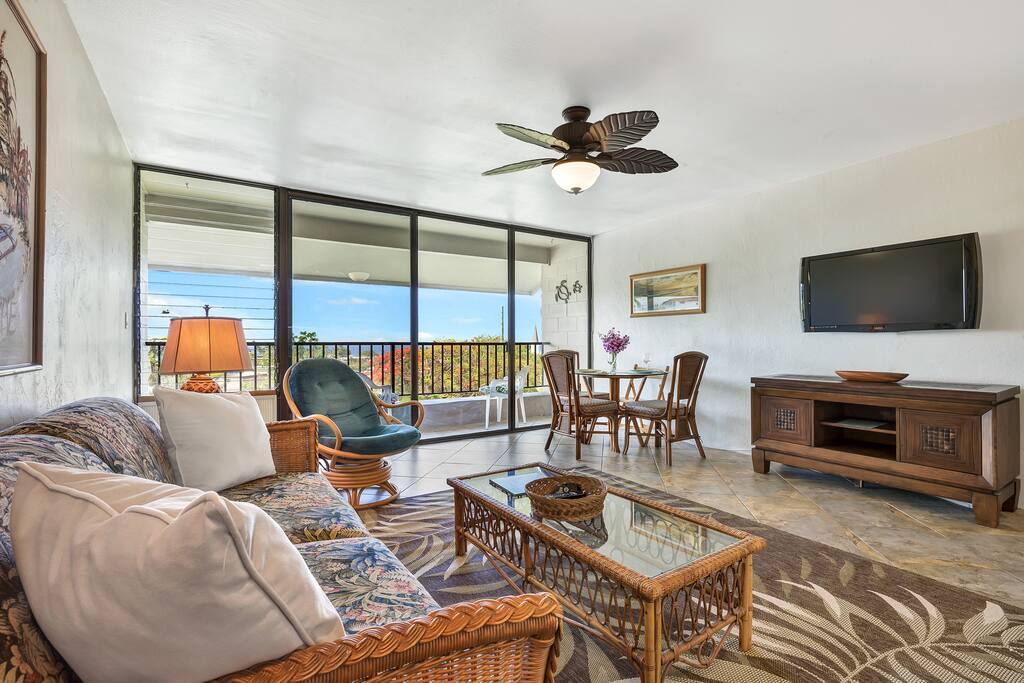 Comfortable living room with ocean views.