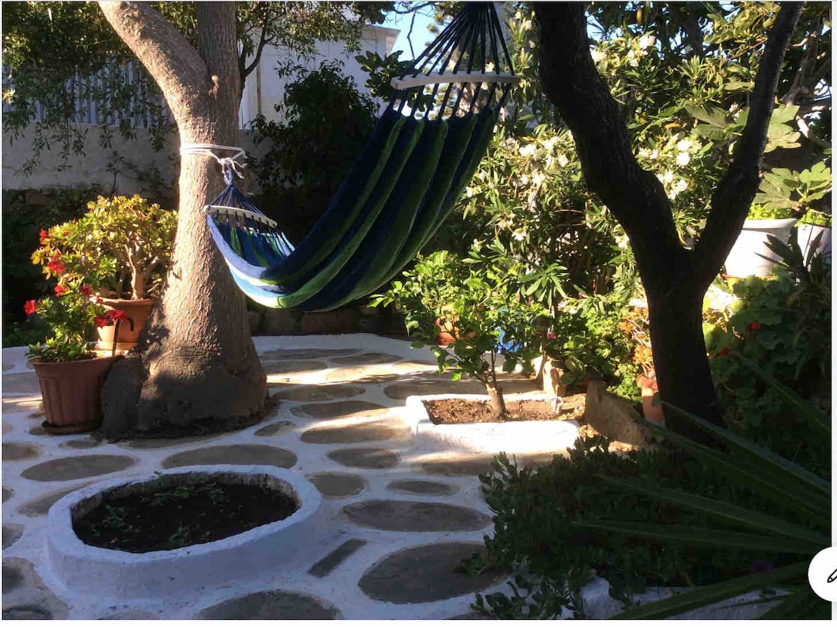 A private courtyard is shown, featuring a colorful hammock suspended between two trees. Surrounding flora includes potted plants and shrubs, adding greenery to the space. The ground consists of stone pathways and plant beds, creating a tranquil and inviting outdoor area.