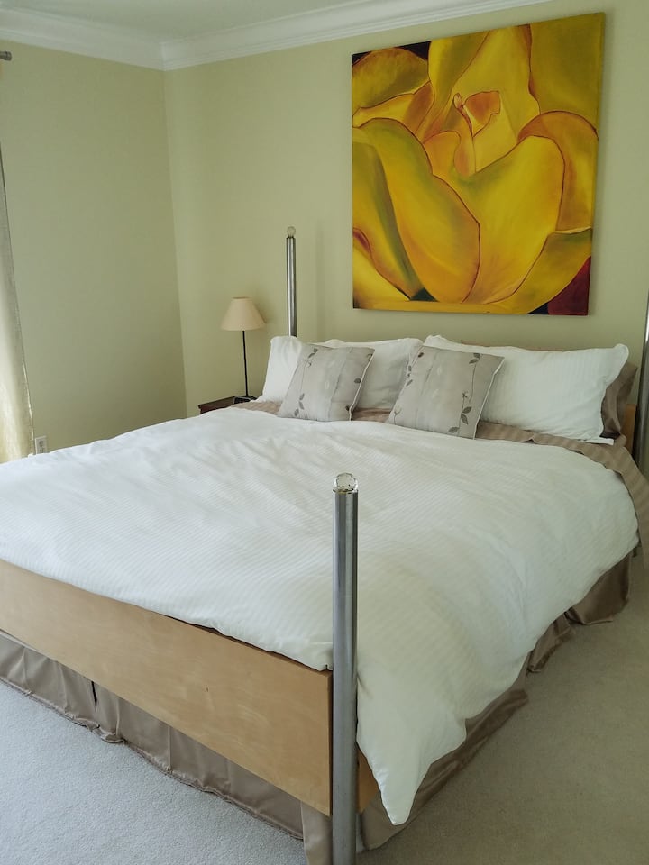 带泳池景观的客房。加大双人床。