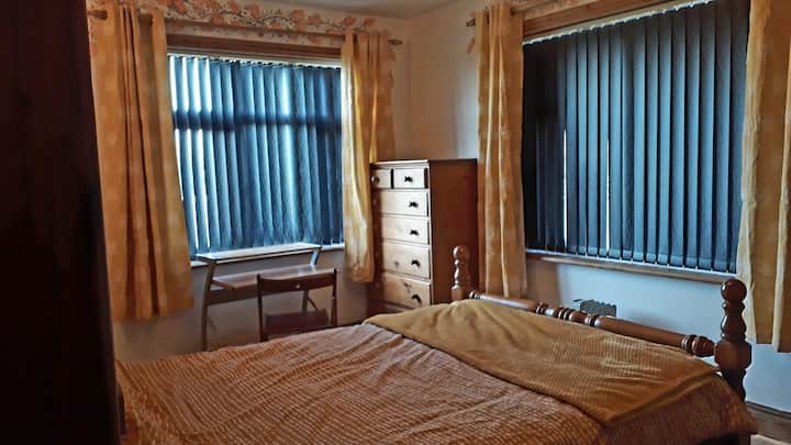 Large bright Double Room 
Has Double bed Bedside cabinet, Chest of drawers, Wardrobe, Desk & Seat.
