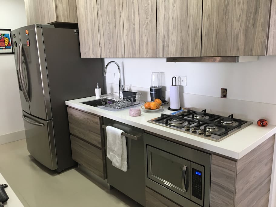 Brand new kitchen - double door refrigerator, dishwasher, microwave, gas oven and all appliances. Excellent space.