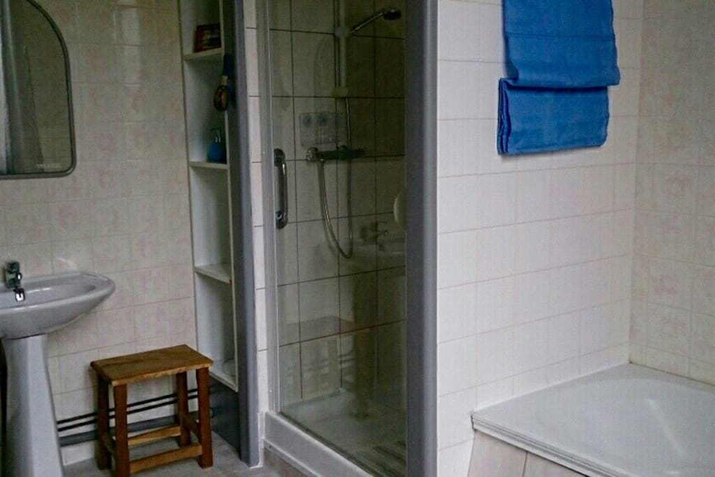 Salle de bain commune avec douche et baignoire