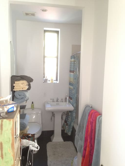 Bathroom with tub and shower, view to porch with plants