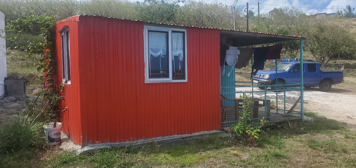 A small, traditional red metal house is depicted with a porch that includes a railing. Two windows are visible, with curtains partially drawn, allowing natural light into the interior. Surrounding the house, grassy areas and a dirt path can be seen, with a blue vehicle parked nearby.