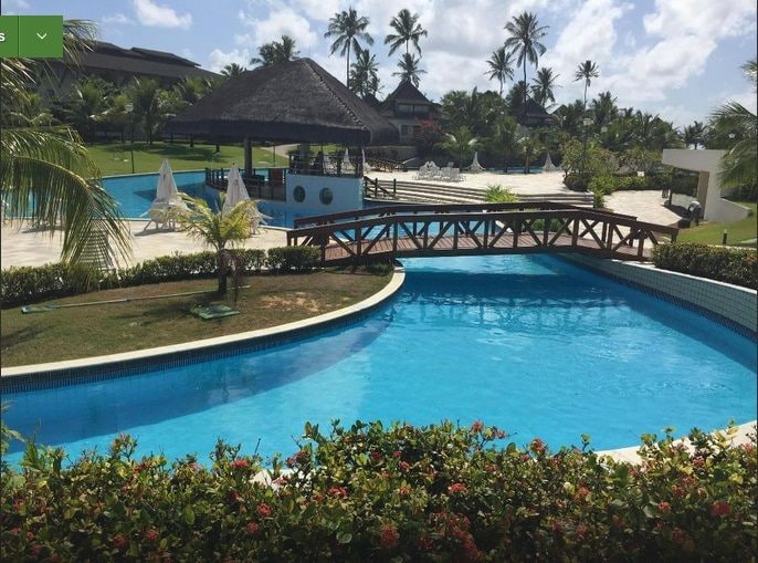 A serene pool area is displayed, featuring a bridge that connects two sides of the water. Lush greenery surrounds the turquoise water, complemented by palm trees and a thatched-roof gazebo in the background, enhancing the tranquil atmosphere of the resort.