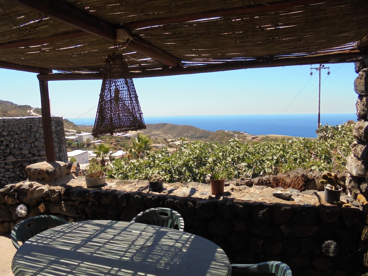 An outdoor veranda is framed by a rustic bamboo covering, offering a view of rolling hills and the sea. A stone table is surrounded by chairs, adorned with small potted plants. The landscape stretches into the distance under clear blue skies.