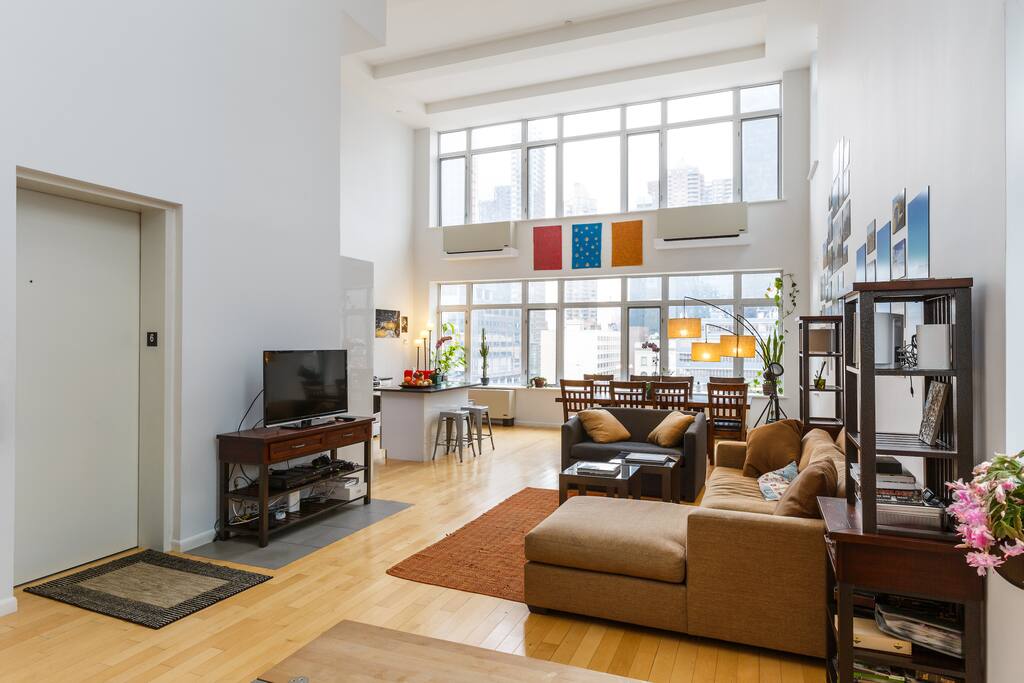 View of the main room. On the left is the keyed (very safe) elevator which opens up directly into apartment.
