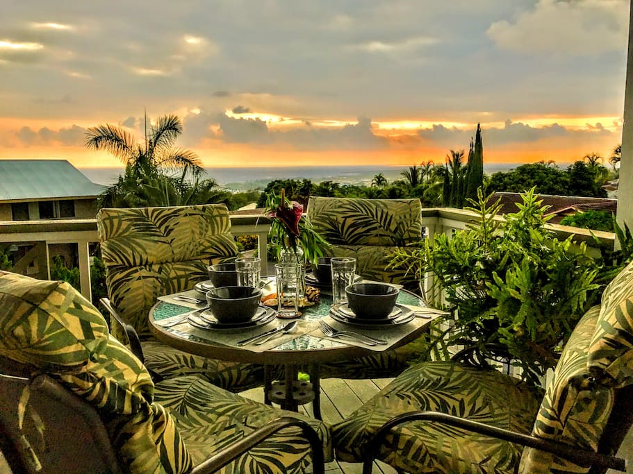 Stunning Kona coast sunset views nightly from the Hale Makamaka lanai.