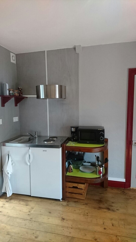 A compact kitchenette is featured, equipped with a small refrigerator and a two-burner stove. A microwave is positioned on a wooden shelf, alongside a coffee maker and various utensils. Shelves above provide storage for glassware and cooking essentials.