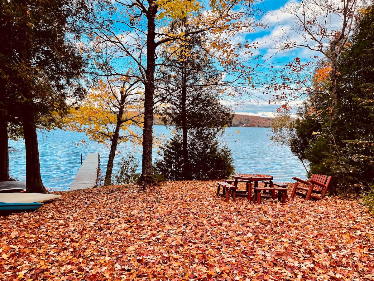 A serene outdoor space is surrounded by colorful autumn foliage. A circular seating area with wooden chairs is situated on a carpet of fallen leaves, overlooking a tranquil lake. A dock extends into the water, creating a picturesque view under a partly cloudy sky.
