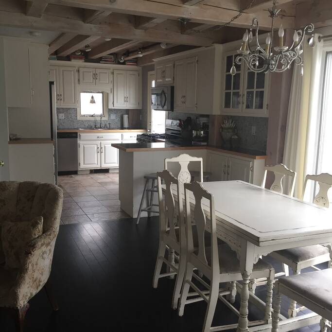 Kitchen / Dining area looking out at Long Sands Beach