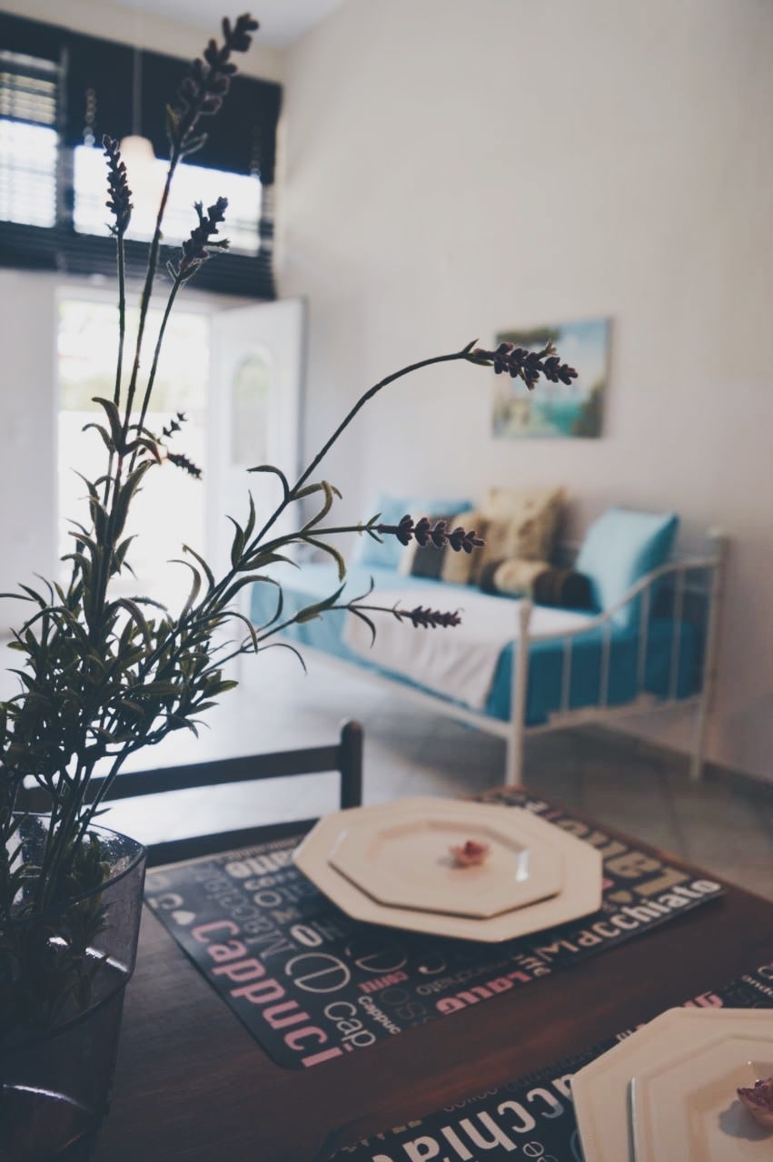 A dining table is set with elegant plates, accompanied by a vase of lavender. In the background, a cozy seating area features light blue cushions and natural light filtering through partially opened doors.