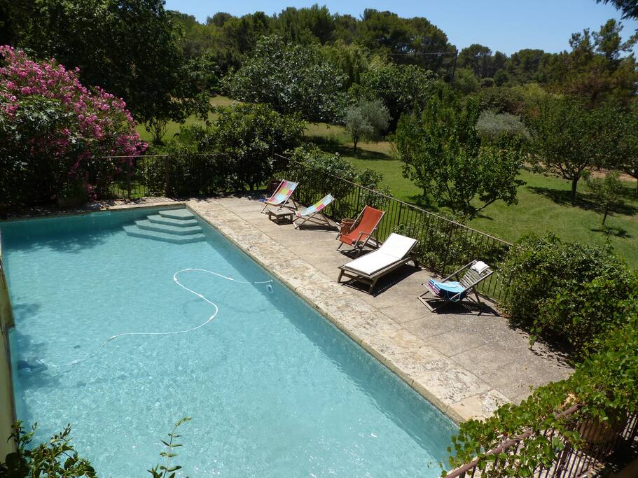 La piscine entourée d'un parc arboré