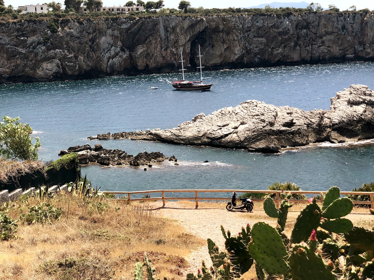 A serene coastal scene features a calm blue sea contrasted by rugged cliffs. A tall sailing ship is seen anchored in the distance, while the foreground displays a gravel pathway lined with cacti and coastal vegetation. Natural beauty surrounds this tranquil waterfront view.