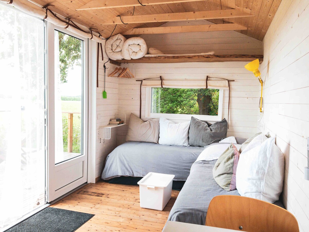 您的起居室/卧室。在床上方，您会看到一个宽敞的架子。您可以存放行李箱和物品。 