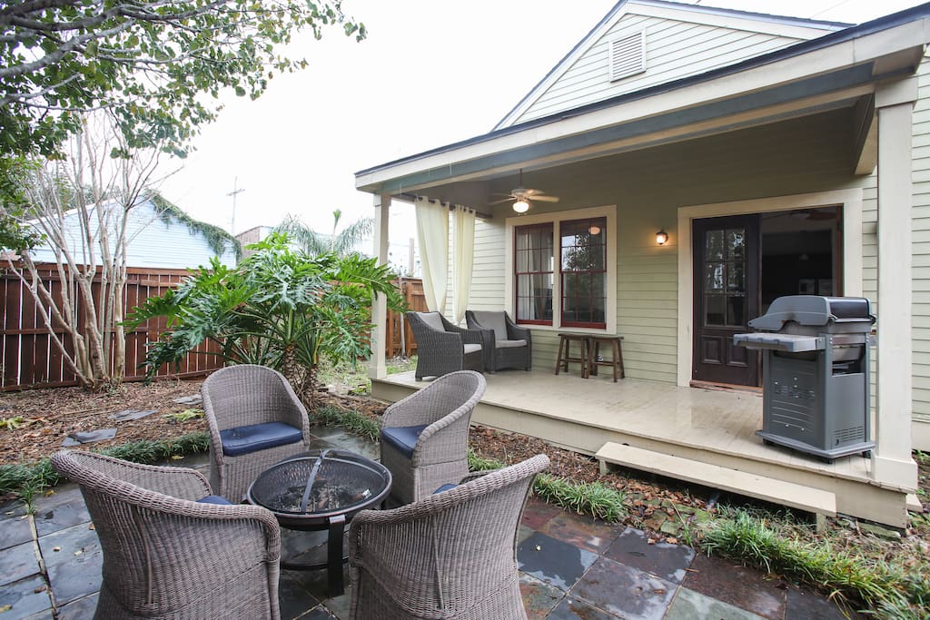 Enjoy our back patio, with a fire pit, outdoor speakers, and grill!