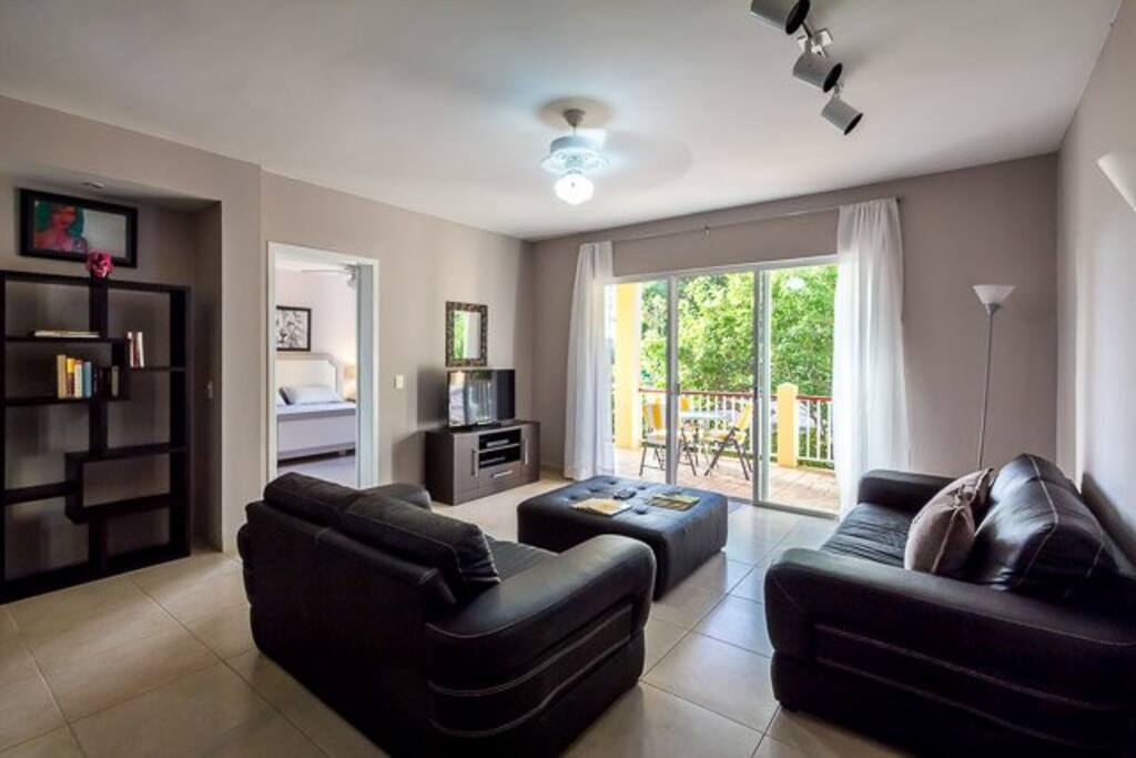 The contemporary couches are a great place to take a siesta or watch a movie