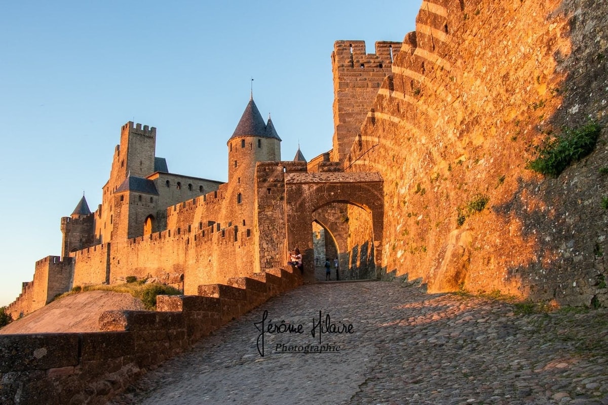A medieval fortress is depicted, showcasing tall stone walls, turrets, and an archway. The golden light of sunset highlights the texture of the stones, and the path leading to the entrance is lined with cobblestones, inviting exploration.