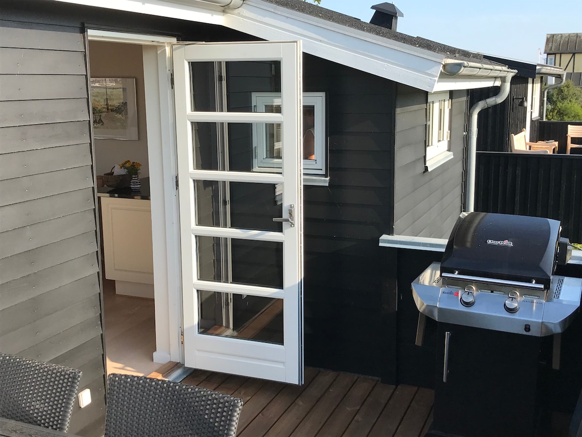 A door with a modern glass panel design leads to a wooden deck area, where a gas grill is positioned nearby. The dark exterior of the house contrasts with the white door, creating a welcoming transition to outdoor space.