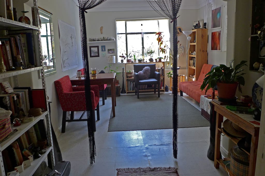 From the entrance. The orange sofa is also a bed.