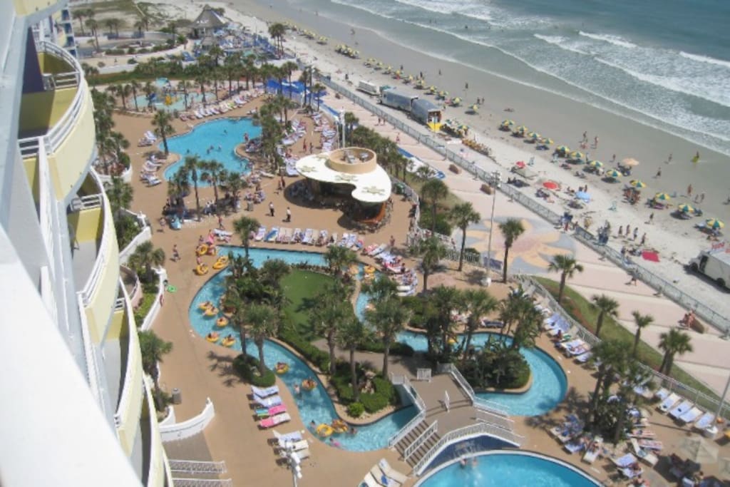 This resort is located right on the beach. There are 3 pools including one inside, a lazy river, one large waterslide, and one small waterslide for little kids in their own splash zone, it also includes indoor mini golf.